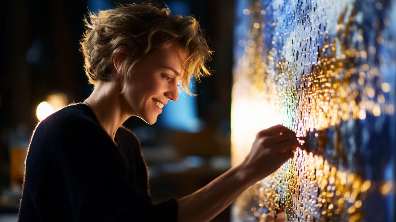 A Joyful Moment of Creation: A Focused Artist Engages with Their Craft by Placing the Final Touches on a Colorful Puzzle, Highlighting Both Concentration and Satisfaction
