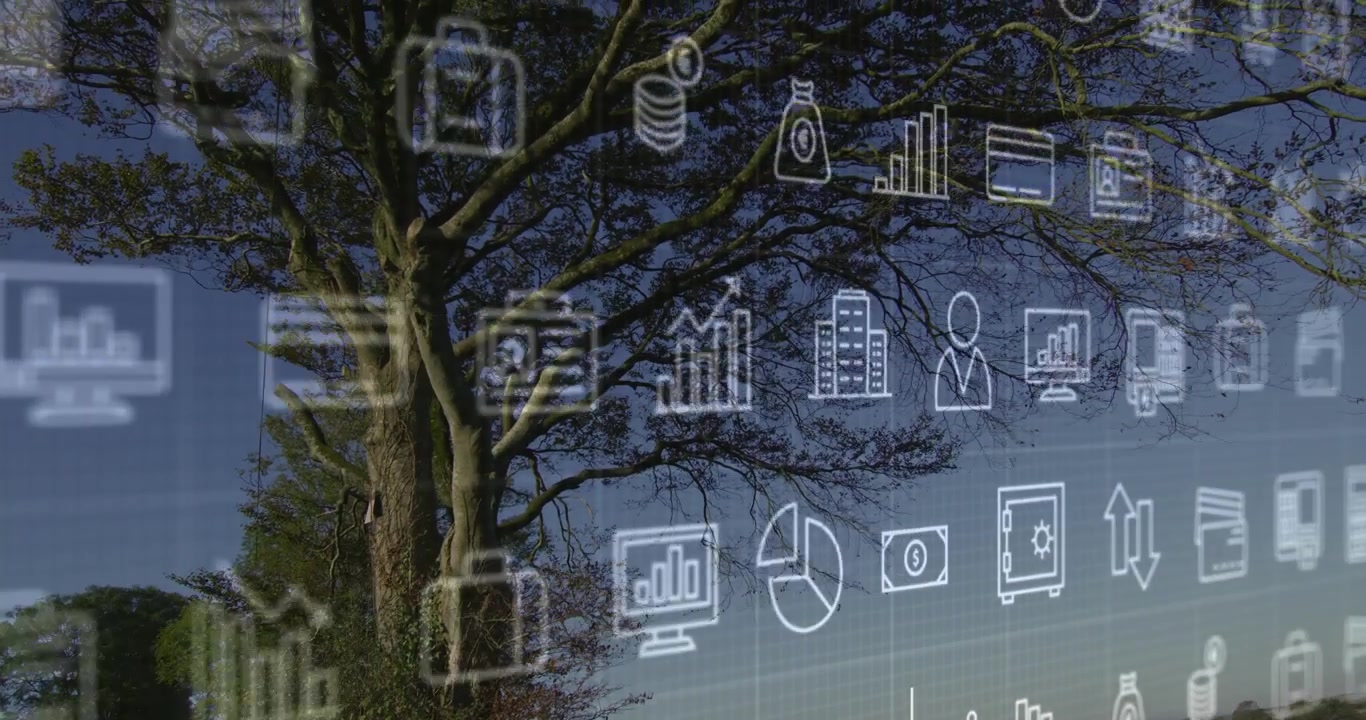 On play tree left standing while faint finance icons sliding across fields, showing market data
