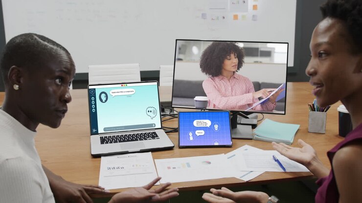 Diverse businesswomen in office using computers with with video call and ai messaging on screens
