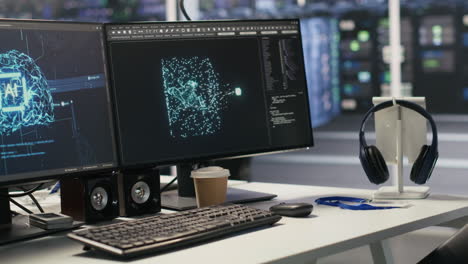 Vertical video AI development workstation in data center displaying machine learning code