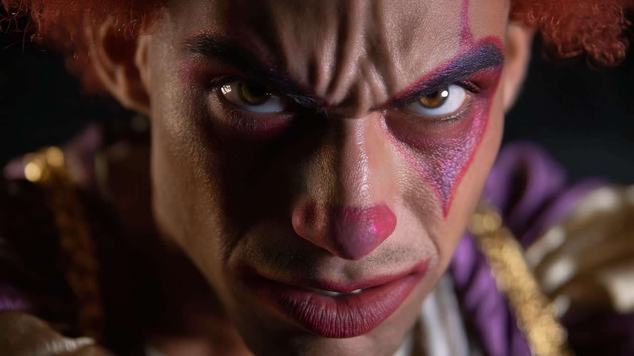 Intense Close-Up of a Clown with Dramatic Makeup and Emotive Expression Captured in Two Distinct Frames Showcasing a Transformation from Menace to Intrigue