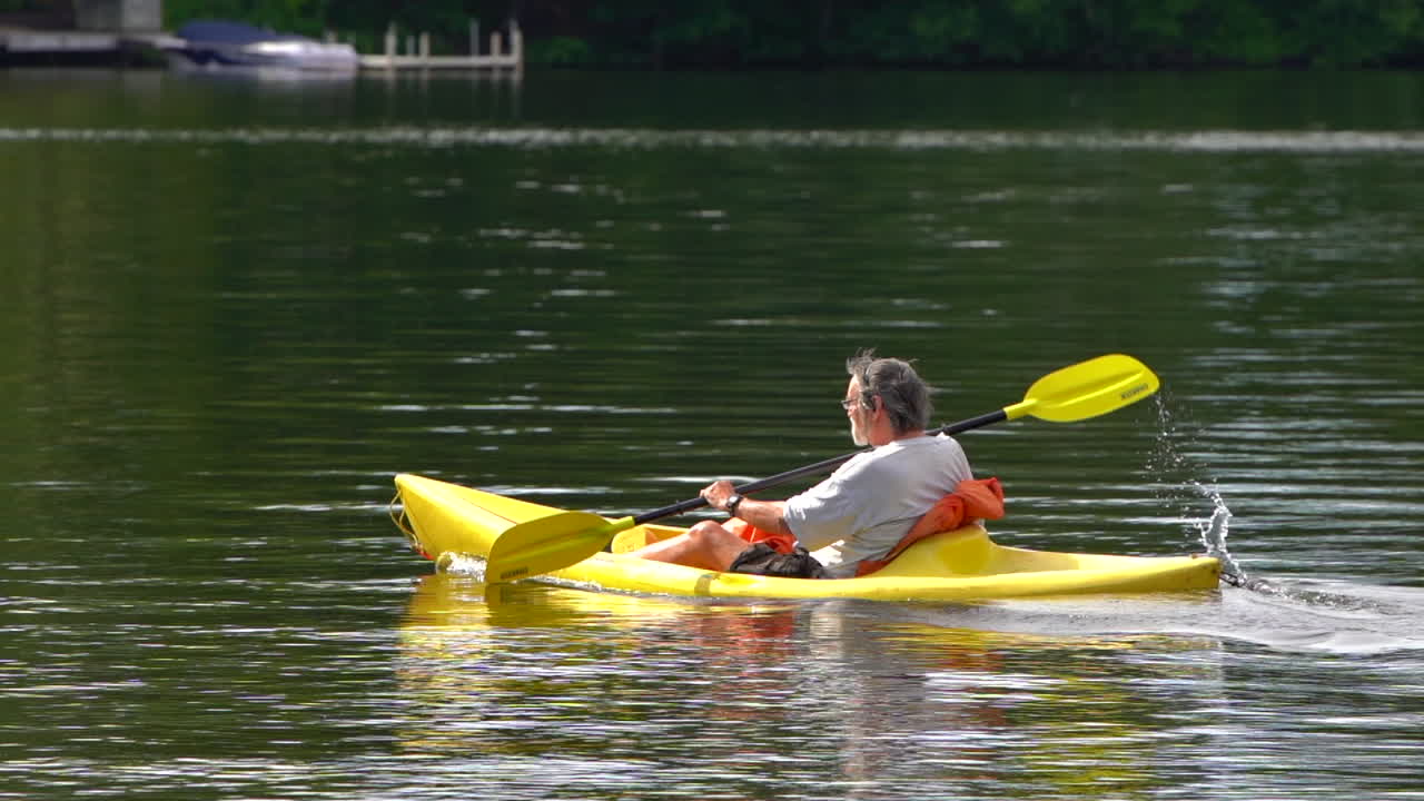 Adult kayaking on a lake in summer
