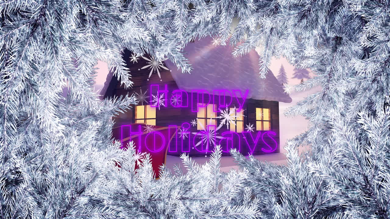 집 위에 눈알이 떨어지는 나무 가지와 잎의 애니메이션