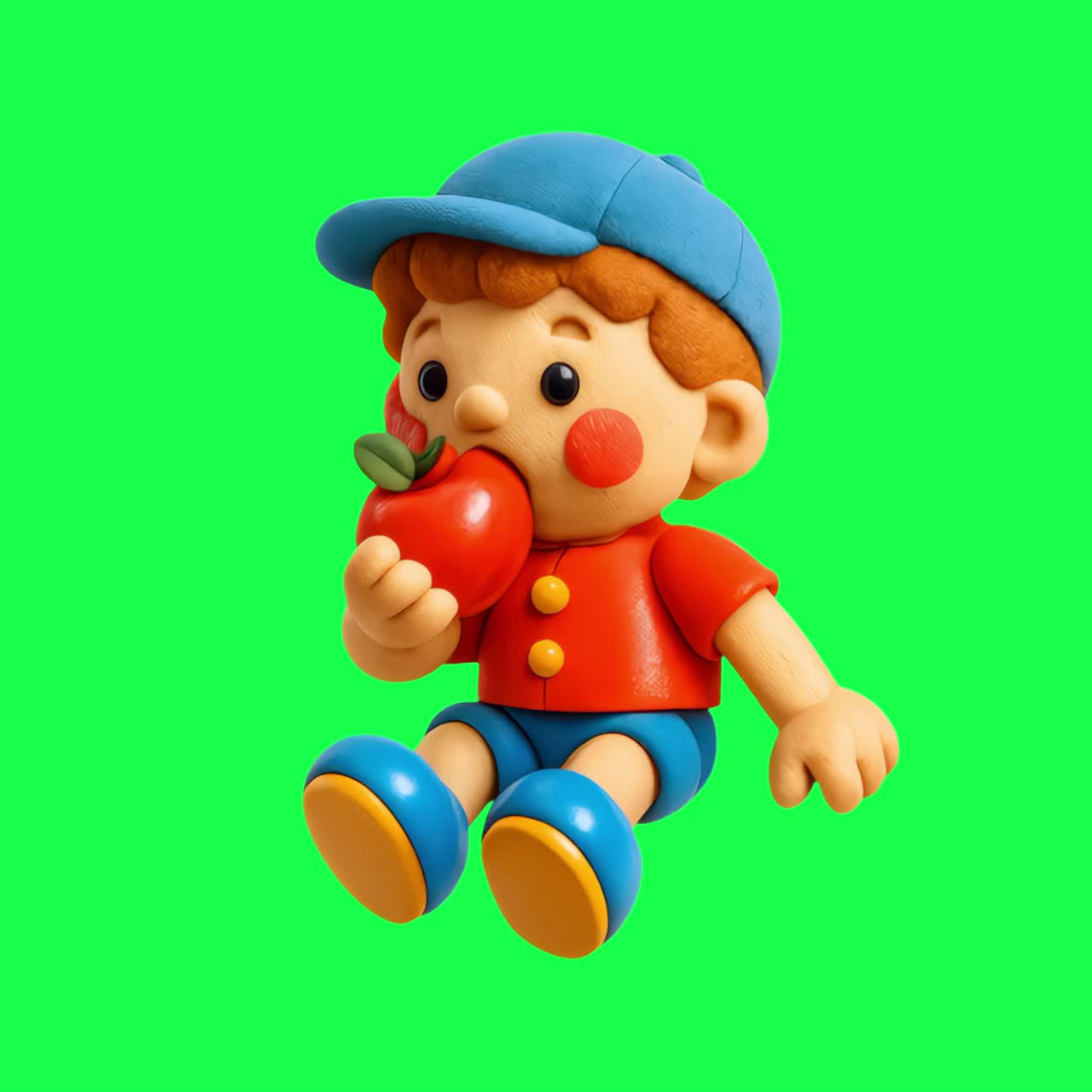 Playful child eating apple figurine animation, transparent 4K video, green screen