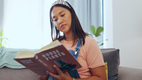 relax, reading and book with woman on sofa