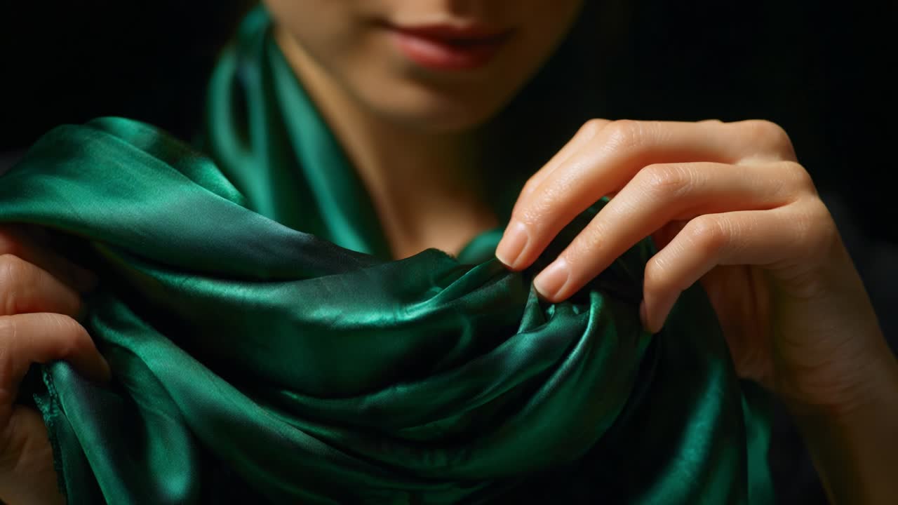 A close-up view of a delicate green scarf being gently held, showcasing the soft texture and sheen of the fabric as the person’s fingers carefully manipulate the folds, emphasizing both elegance and the art of fabric handling