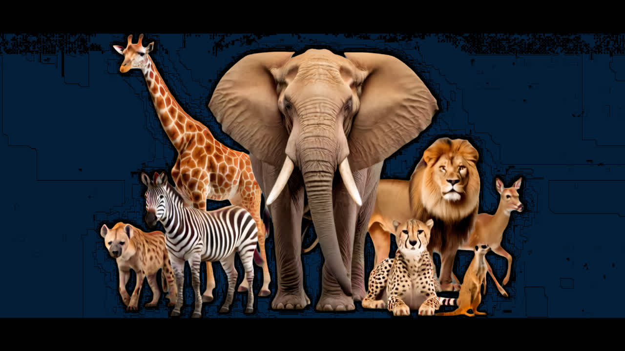 Diverse African wildlife ensemble animation isolated asset, transparent 4K video, alpha channel