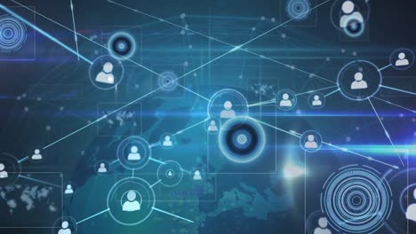 network of profile icons and round scanners against globe and spot of light on blue background