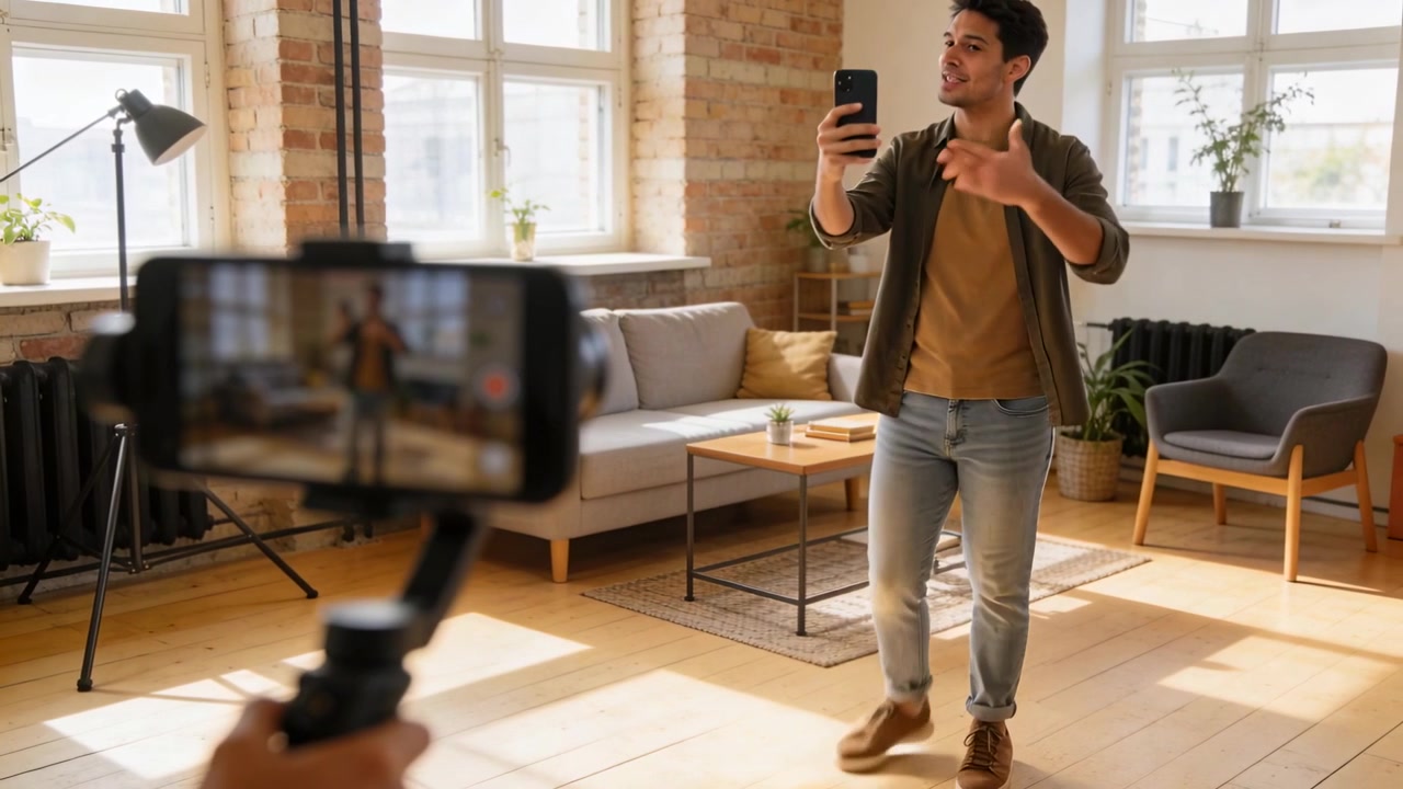 Un uomo che cammina, registra con un gimbal, tiene in mano un telefono e parla per registrare in uno studio illuminato dal sole, indossando una maglietta verde.