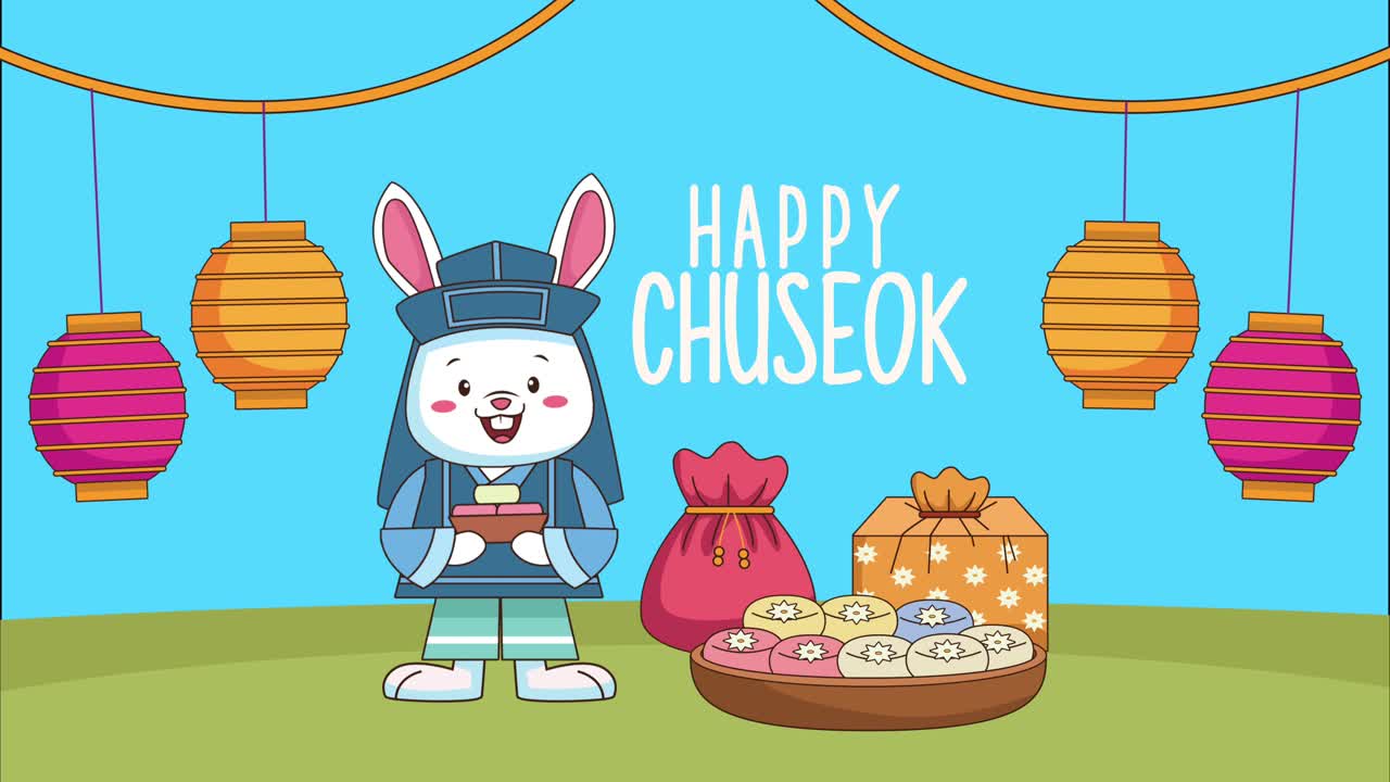 letras chuseok felices con conejo y comida