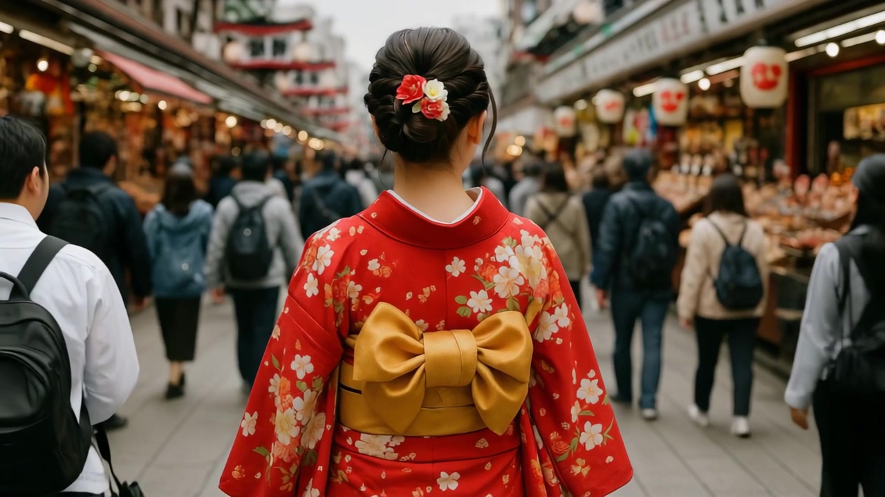 Donna in kimono tradizionale che cammina per una strada affollata di mercato giapponese