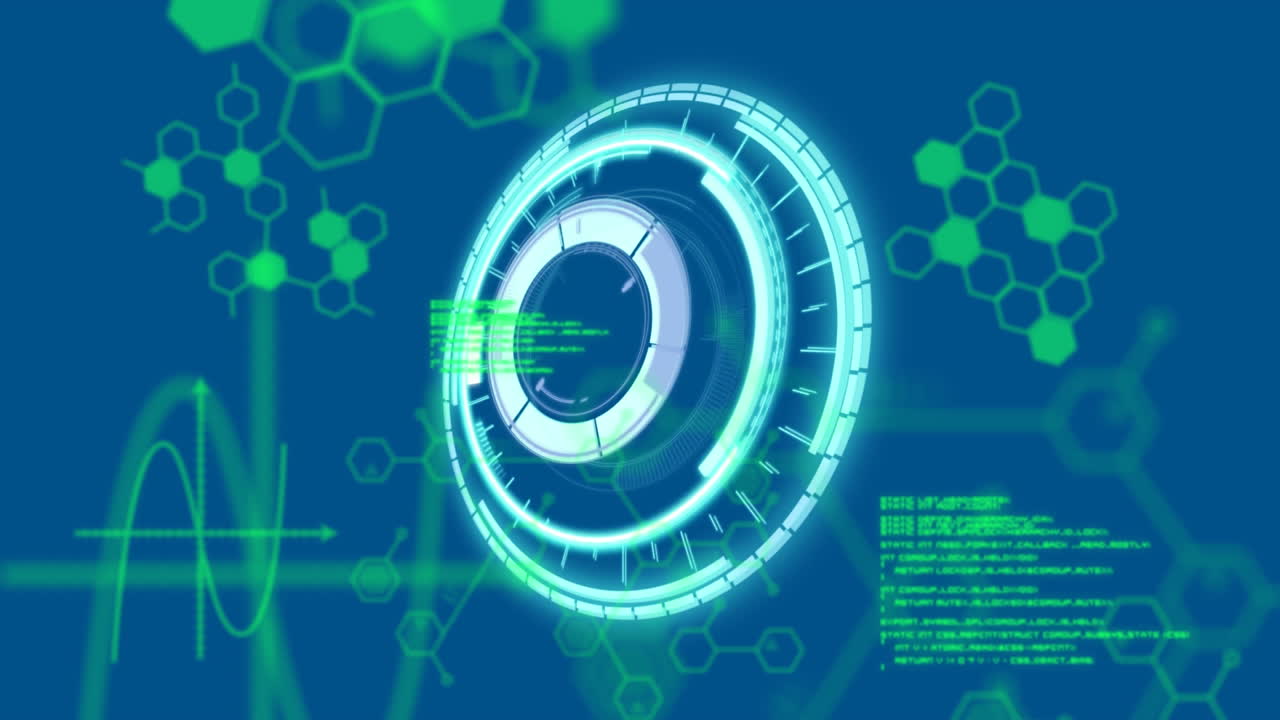 animazione della scansione del campo di applicazione e dell'elaborazione dei dati scientifici su sfondo blu
