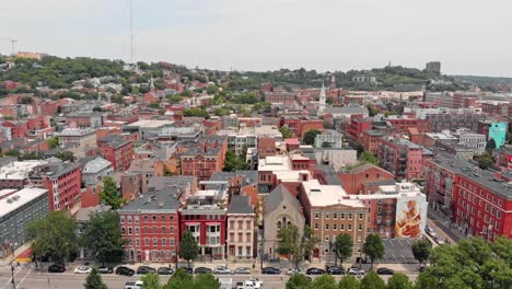 downtown cincinnati neighborhood houses drone aerial video