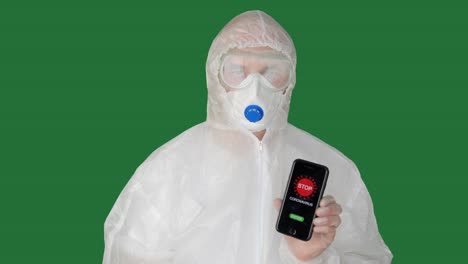 virologist holding smartphone with coronavirus app