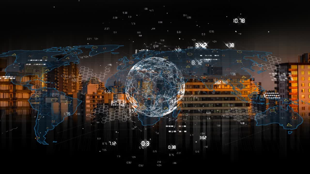 Digital animation of globe of digital interface over warehouse against data processing