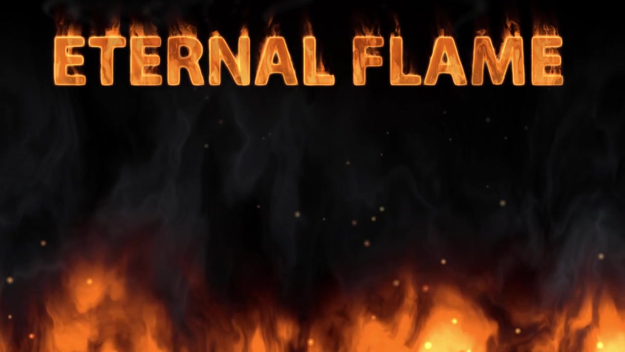 Testo in fiamme sopra un fuoco a terra con fumo e scintille realistici su sfondo nero
