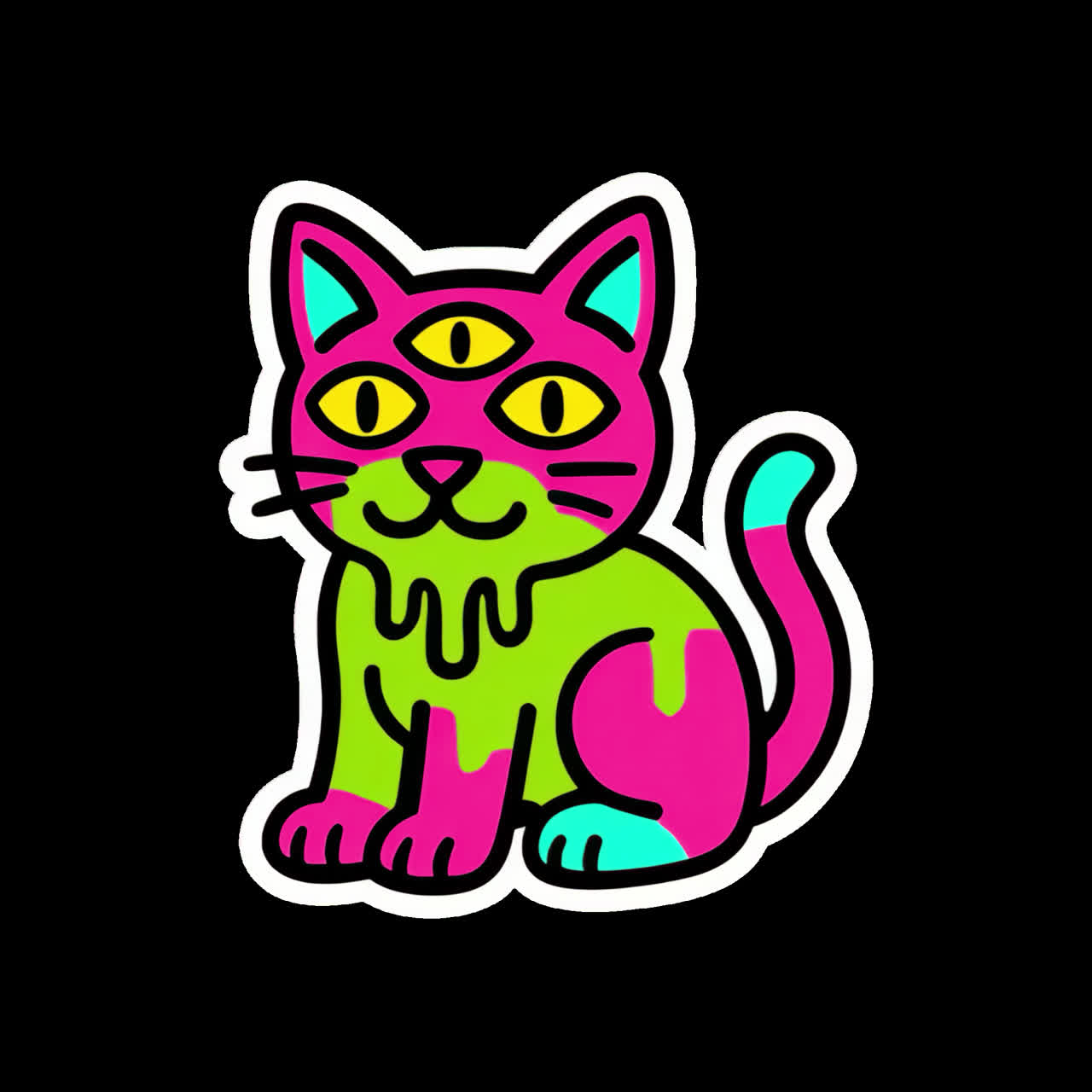 Colorful psychedelic three-eyed cat animation isolated asset, transparent 4K video, alpha channel
