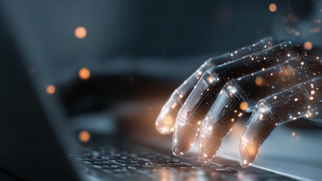 An intricate exploration of the harmonious interaction between advanced robotics and computing, showcasing a futuristic robotic hand engaging seamlessly with a keyboard