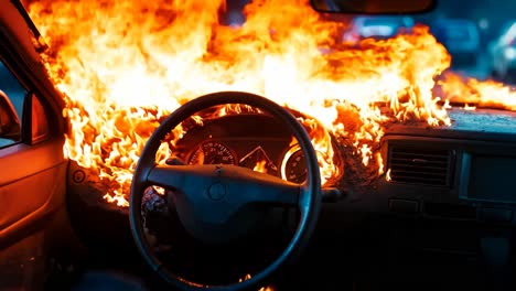 a car is engulfed by flames in the middle of the road