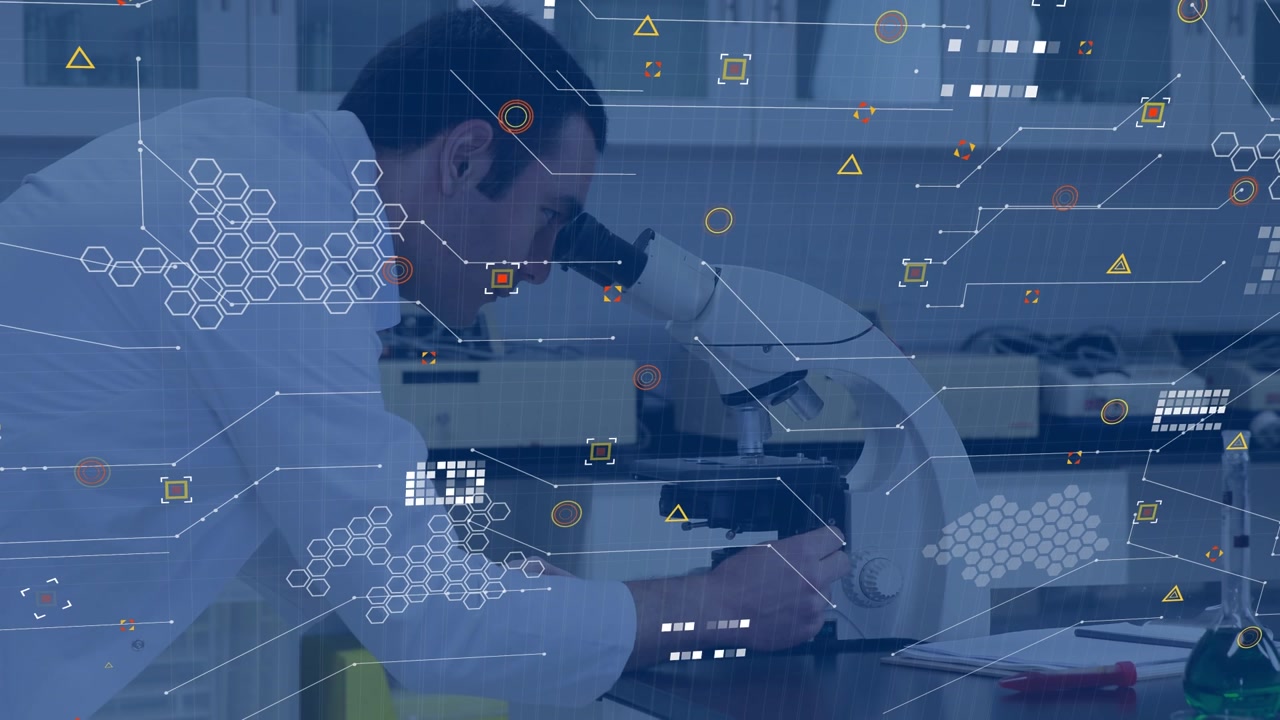 Animation of data processing over caucasian male scientist with microscope