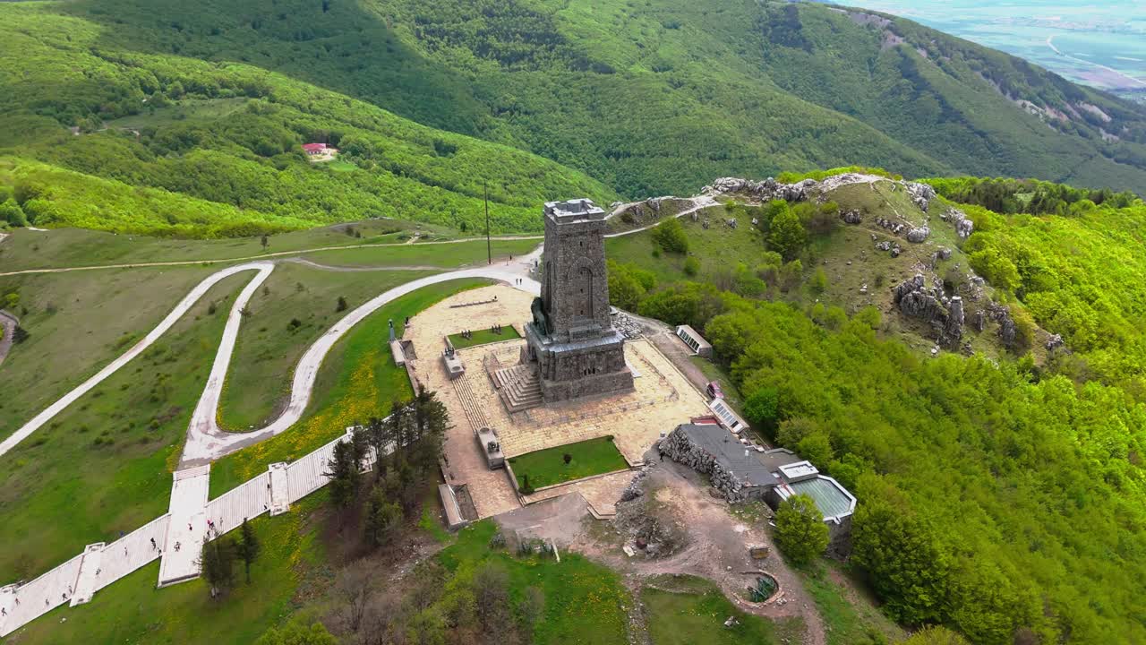 Shipka Monument springtime aerial view with 360-degree rotation.