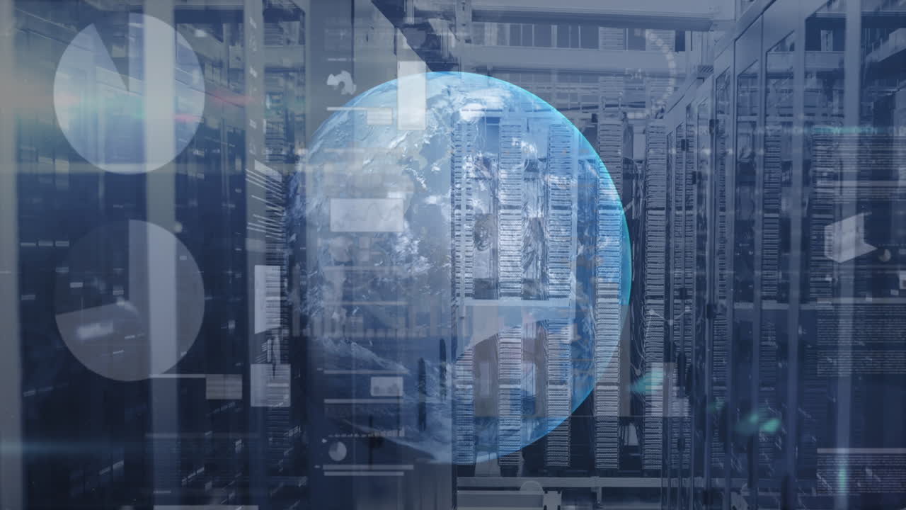 Animation of interface with statistical data processing over globe against computer server room