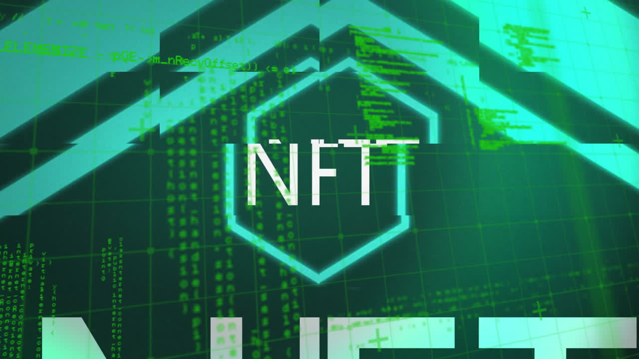 Animation of digital code with geometric shapes in green futuristic theme