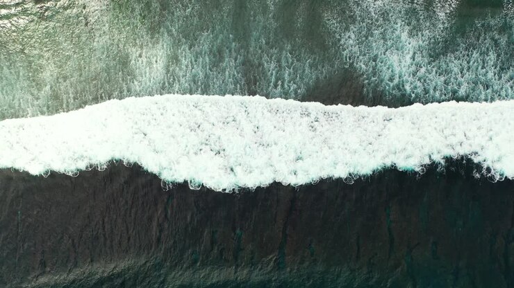 The stark contrast in the dark depths of the deep blue ocean and the vibrant whitewash as a wave breaks