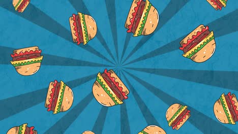 animación de hamburguesas de queso que caen sobre rayas radiantes azules giratorias