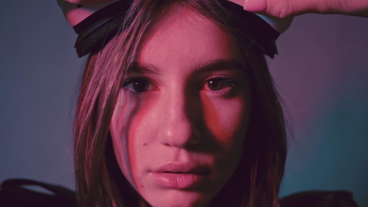 Young beautiful woman looking at camera with a virtual reality head set