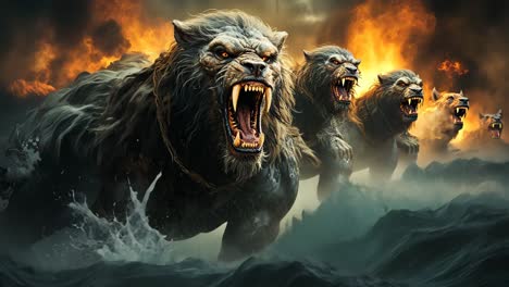 fierce lion-like creatures charging through a fiery battlefield