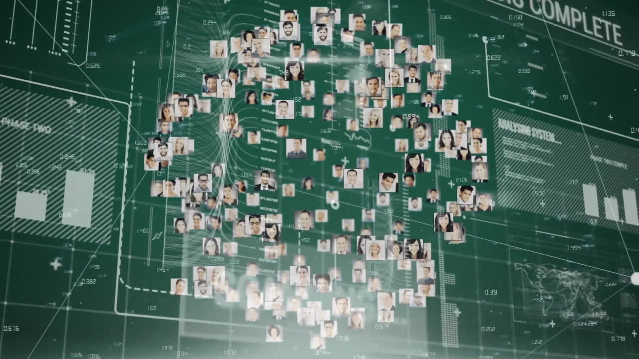 Animation of graphs, loading bars, diverse people pictures globe over abstract background