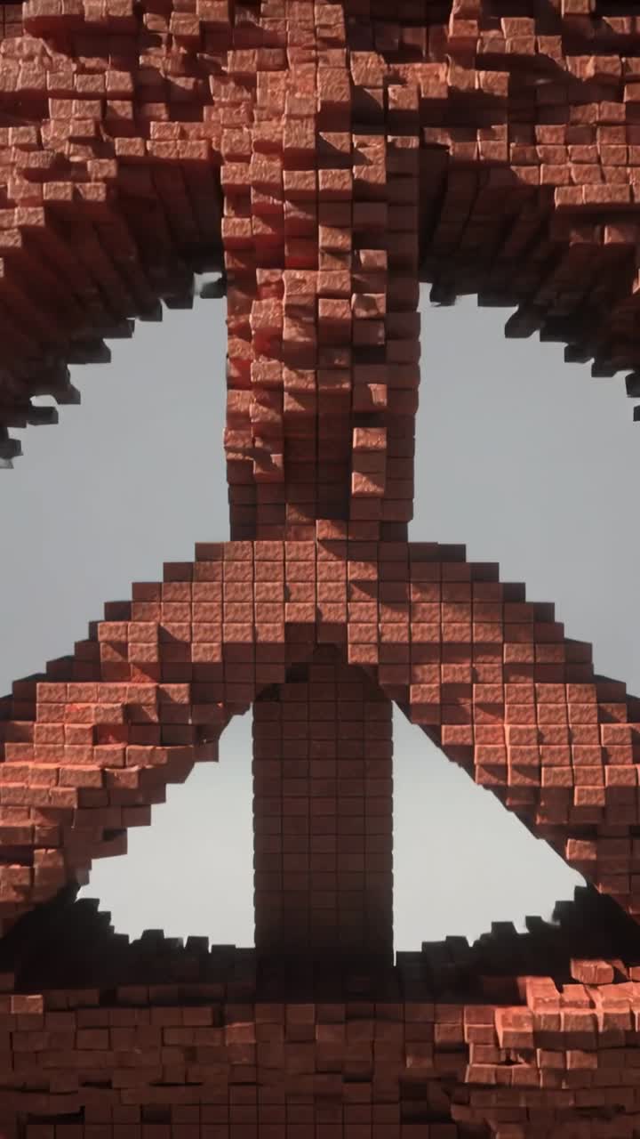 Vertical video: Animating reddish-brown cube mass moving back, revealing pillar at gray sky