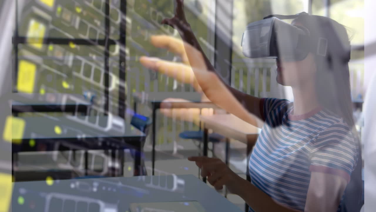 가상 현실 헤드을 사용하여 여성이 교실 환경에서 디지털 인터페이스와 상호 작용합니다.