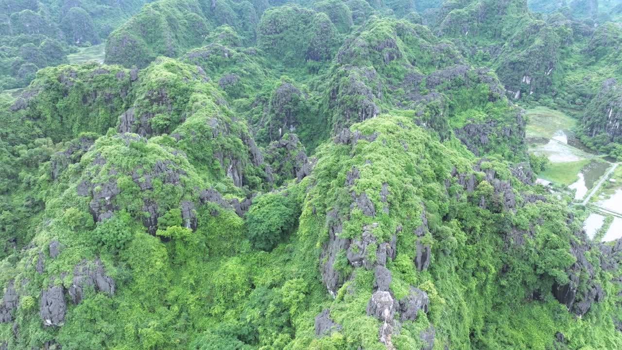 Lush green karst mountains in Ninh Binh, Vietnam seen from above on a cloudy day