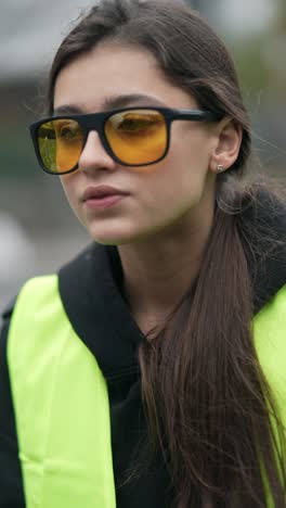 young woman in safety vest and sunglasses