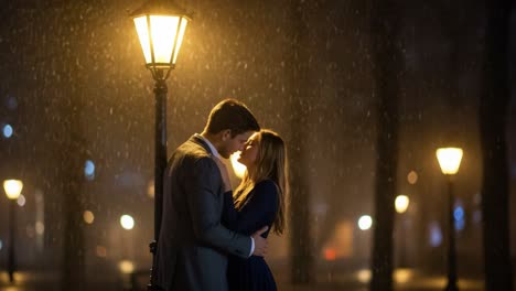 romantic couple kissing in the rain under a street light