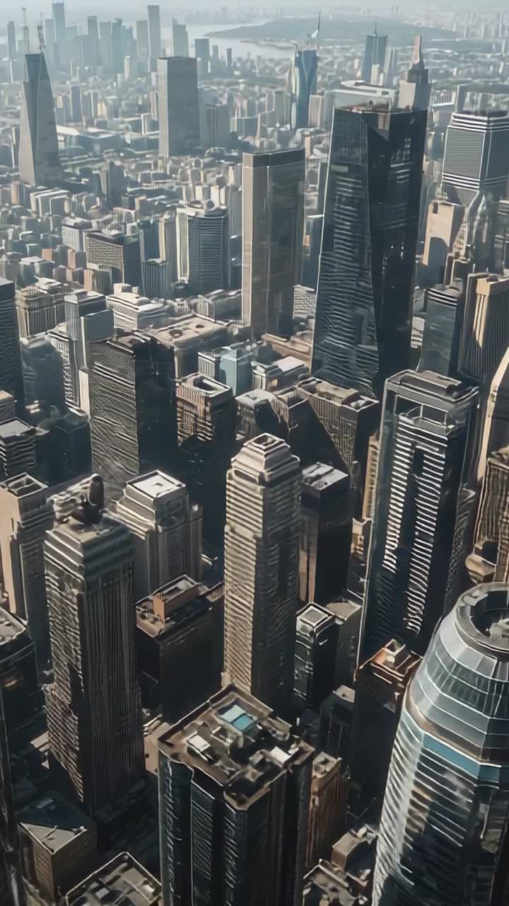 Video verticale: drone che riprende dall'alto lo skyline con piscine in centro città, rivelando l'orizzonte sul fiume