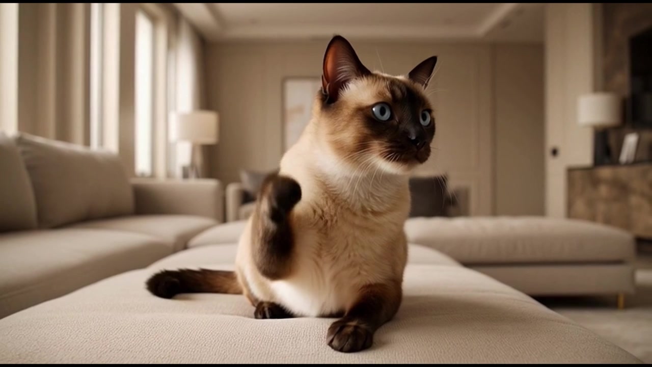 Gatto siamese seduto sul divano in un soggiorno moderno