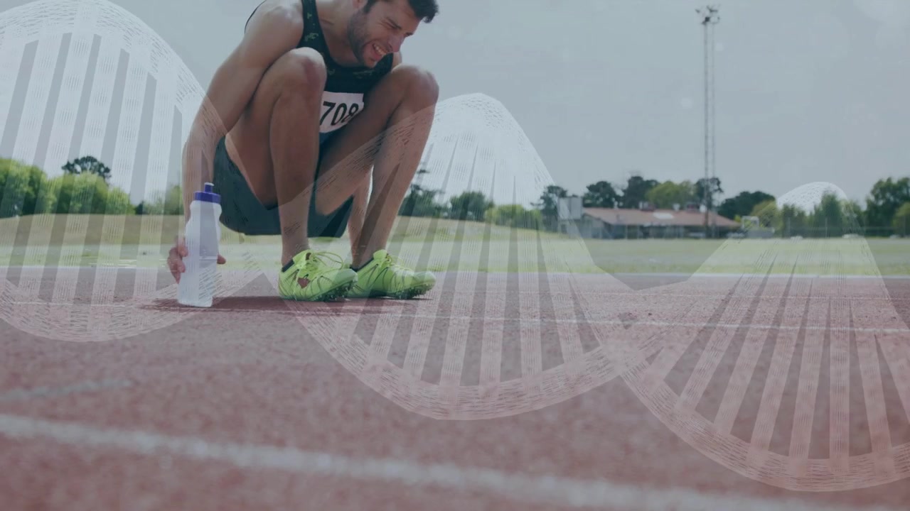 Runner slowing and stopping on sports track picking bottle moving legs DNA overlaying seeking aid