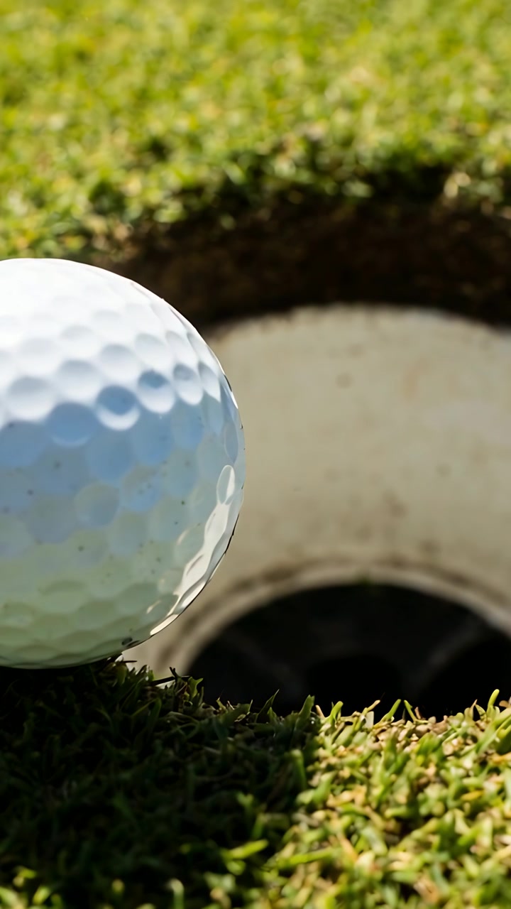 Video verticale: La telecamera si sposta, facendo muovere una pallina da golf bianca con fossette appoggiata sul bordo della buca su un green luminoso.