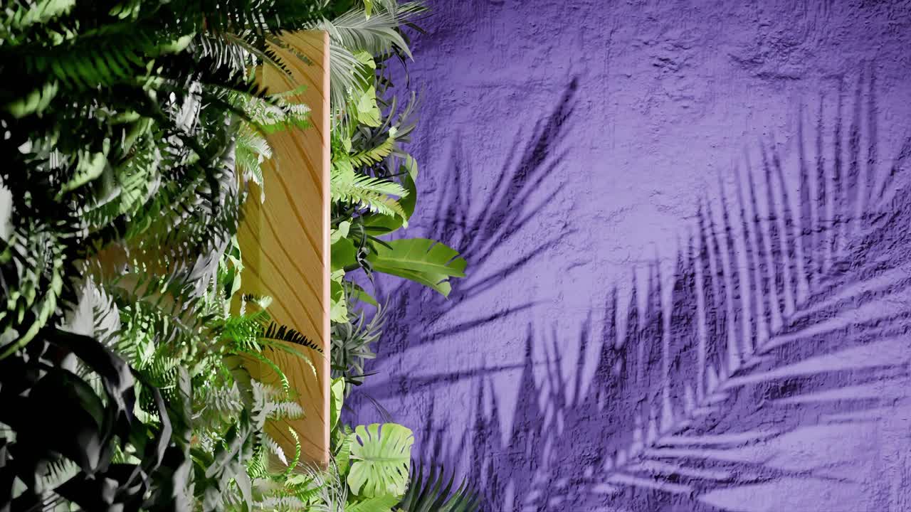 A Wooden podium surrounded by tropical green foliage with palm leaf shadows on purple textured wall. Minimalist product display template. Summer and nature concept. wallpaper.copy space. vertical