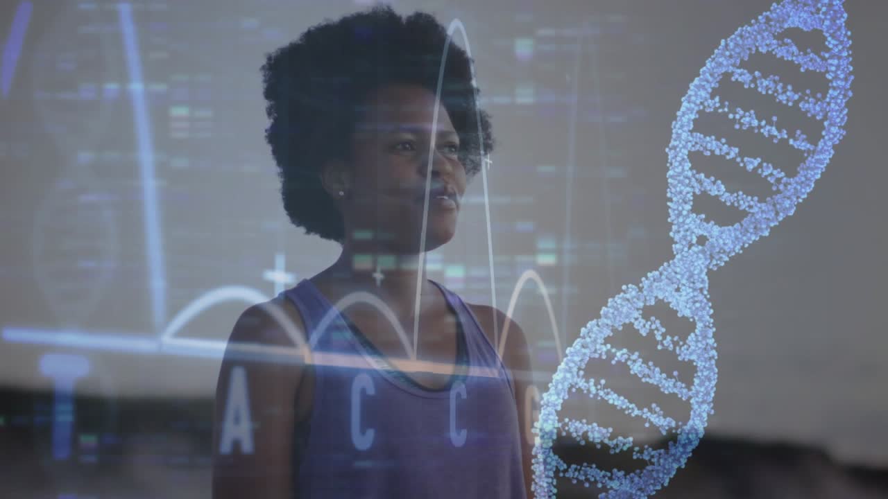 Woman wearing tank top at start, holographic DNA fading as graphs shifting, visualizing genome data