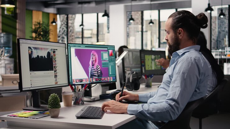 Male specialist editing photography on computer with retouching software tools