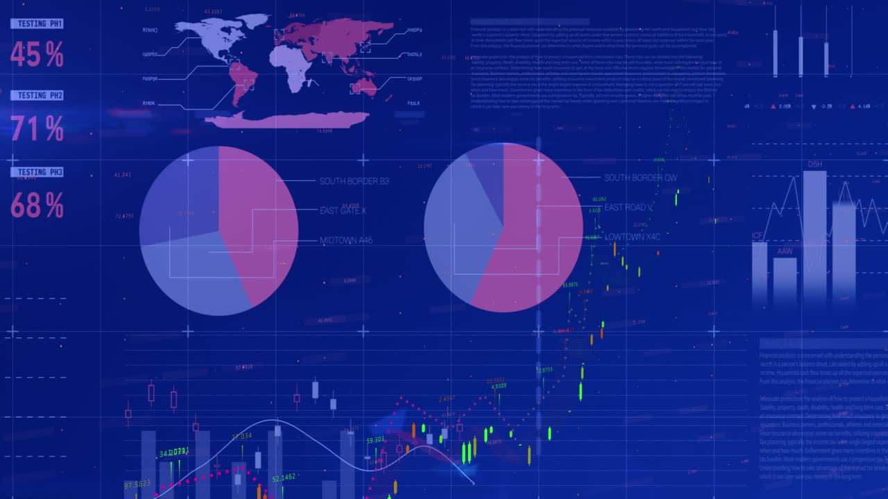 Animation of financial and statistical data processing against blue background