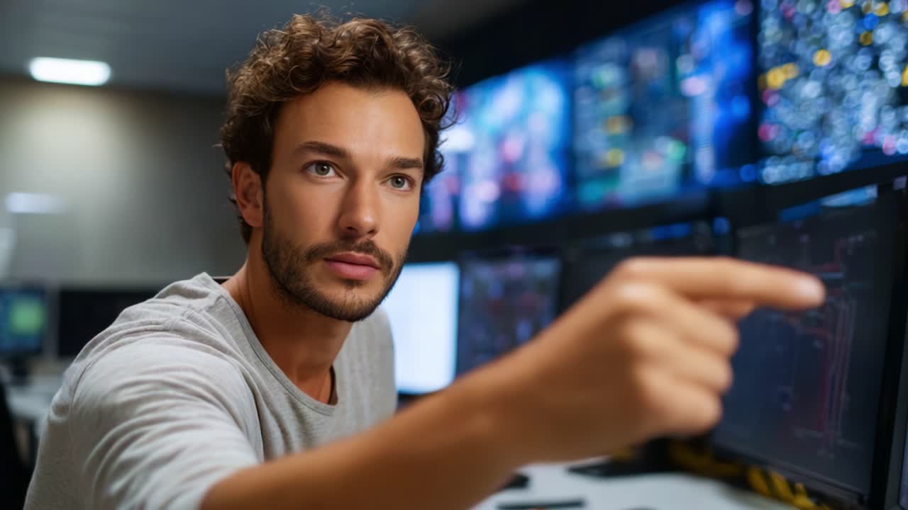 Focused command center operator intensely monitoring multiple screens, expertly analyzing data in a high-tech environment showcasing advanced technology and engagement
