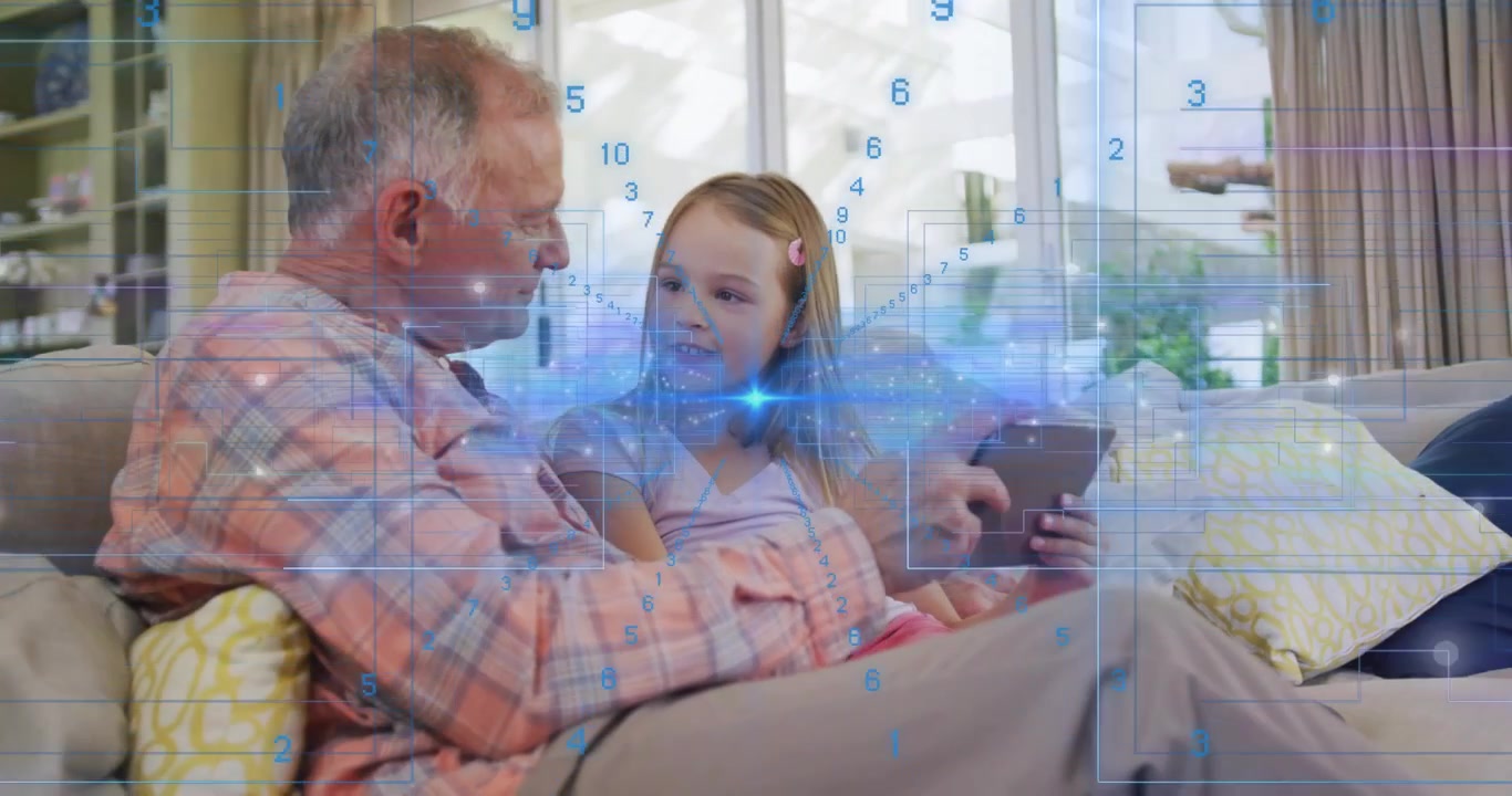 Nonno che si china mentre un bambino tocca il tablet, sovrapposizione blu che si allinea con le mani che usano un'app educativa