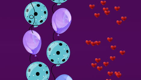 Animación-De-Globos-Y-Corazones-Sobre-Fondo-Morado