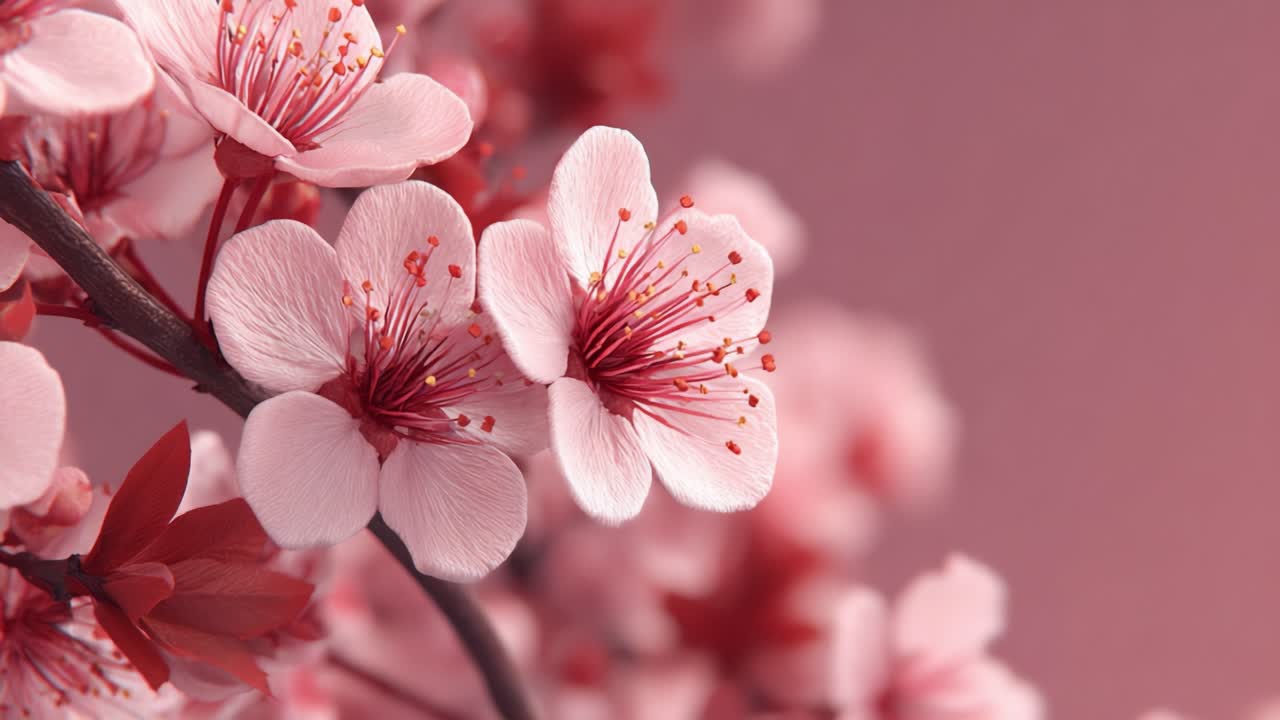 Splendidi fiori di ciliegio in fiore con delicati petali rosa e centri di un rosso intenso, bagnati da luce soffusa su uno sfondo rosa delicato