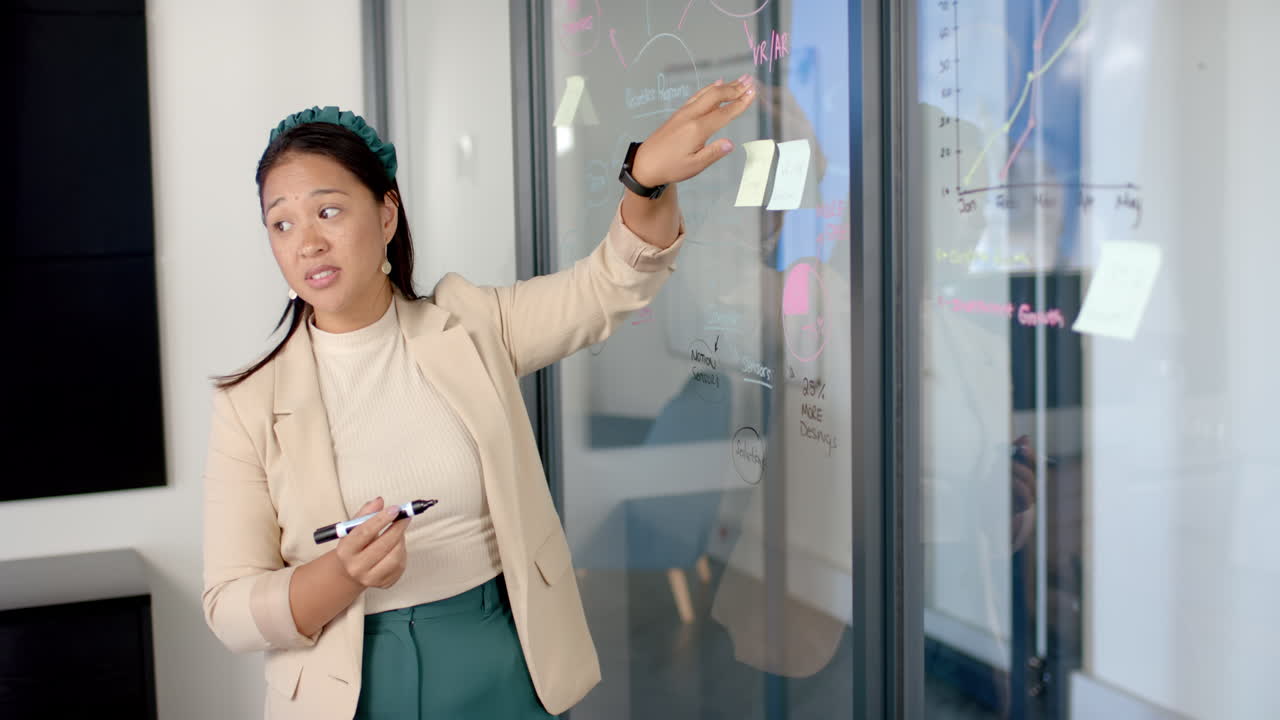 Presenting data, woman pointing at glass board with charts in modern office